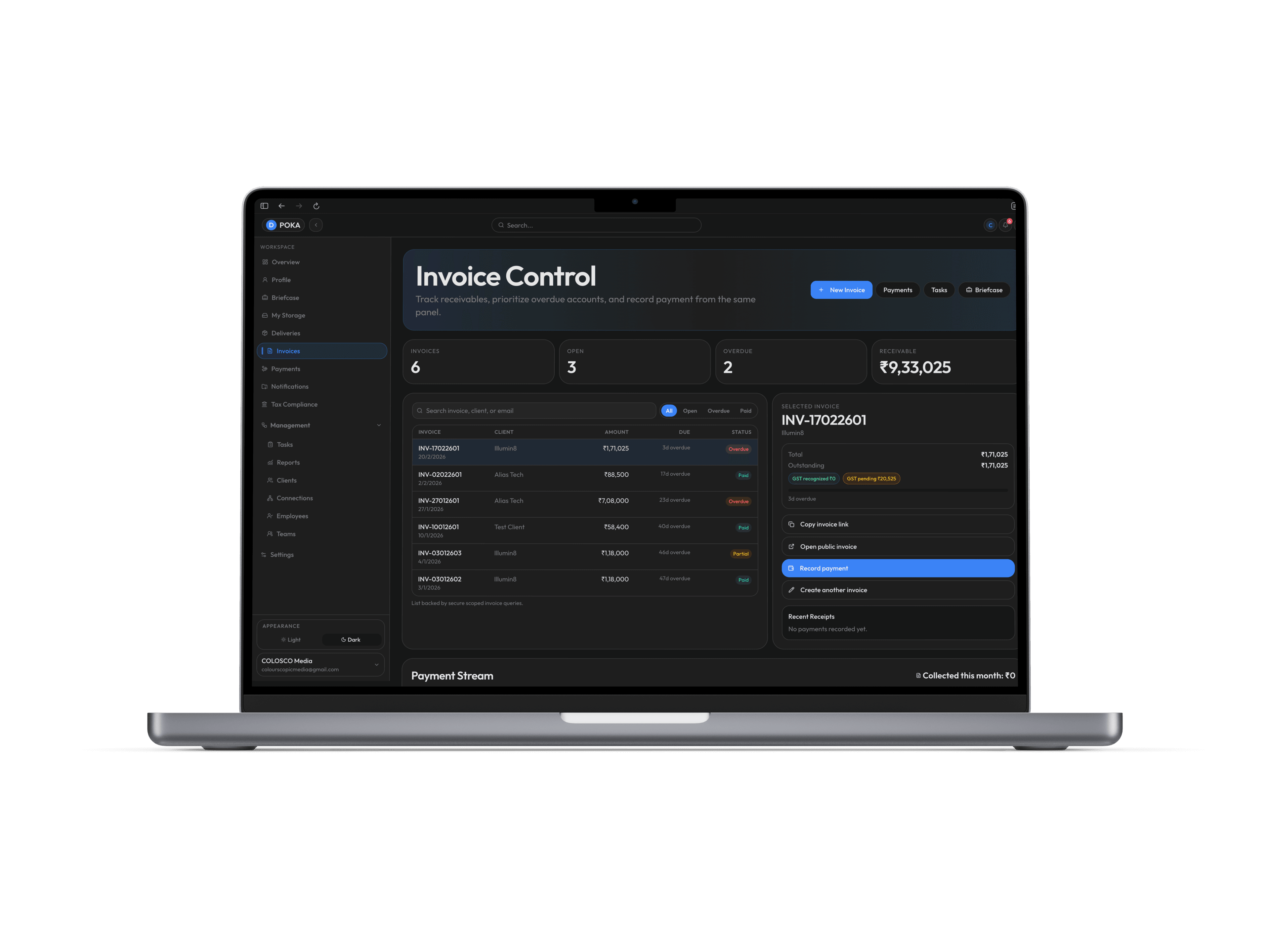 POKA Digital — Invoice Control dashboard showing a unified workspace with invoices, payments, and client management